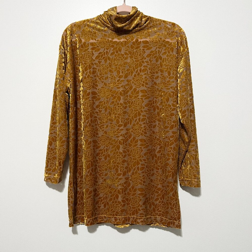 Womens VTG Burnout Velvet Tunic M/L Gold Floral Sheer Regency Baroque Artsy